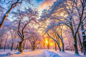 Enchanting Winter Forest Landscape with Bare Trees Blanketed in Snow, Capturing the Serenity and Beauty of Cold Frozen Woods in a Stunning Photo Composition