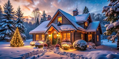 Fototapeta premium Enchanting Winter Cottage Adorned for Christmas with Soft Snow, Twinkling Lights, and a Cozy Atmosphere in a Serene Snowy Landscape