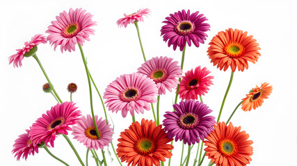 Gerberas and other beautiful flowers in air on white background. Generative AI