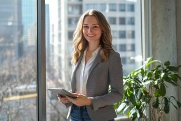 Fototapeta premium Professional woman business attire gray blazer white shirt jeans holding tablet modern office