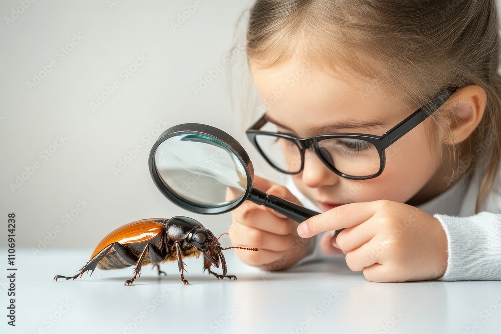 Poster a child examines a large insect with a magnifying glass, showcasing curiosity and exploration.