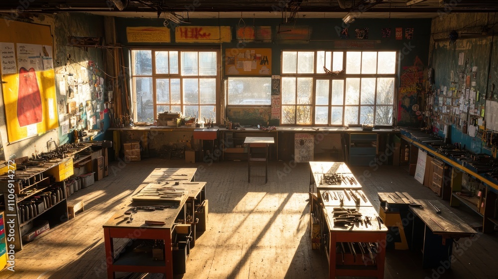 Poster a sunlit workshop filled with tools and workbenches, suggesting a creative space for projects.
