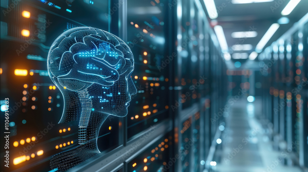 Poster AI brain connected to databases and a chat window with the background related to manufacturing, shades of blue.