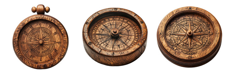 Fototapeta premium Vintage Wooden Compass Set for Navigation and Exploration Isolated on transparent background