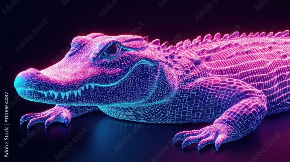 Poster a neon wireframe representation of a crocodile against a dark background.
