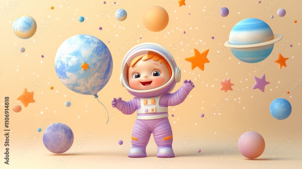 Poster a cheerful astronaut child surrounded by colorful planets and stars in a whimsical space setting.