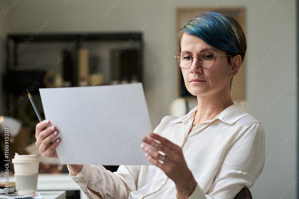Poster Young market analyst looking through financial data on paper document while sitting in front of camera in workspace