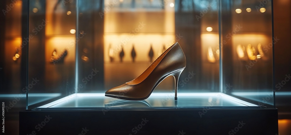 Poster a stylish high-heeled shoe displayed in an elegant showcase.