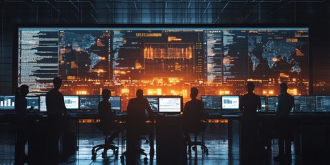 Software developers collaborating at high-tech monitoring center data analysis environment teamwork concept