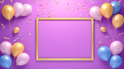 Golden frame on a purple background with balloons in the corners, decorated with confetti. Festive banner and poster. 3D rendering. Generative AI