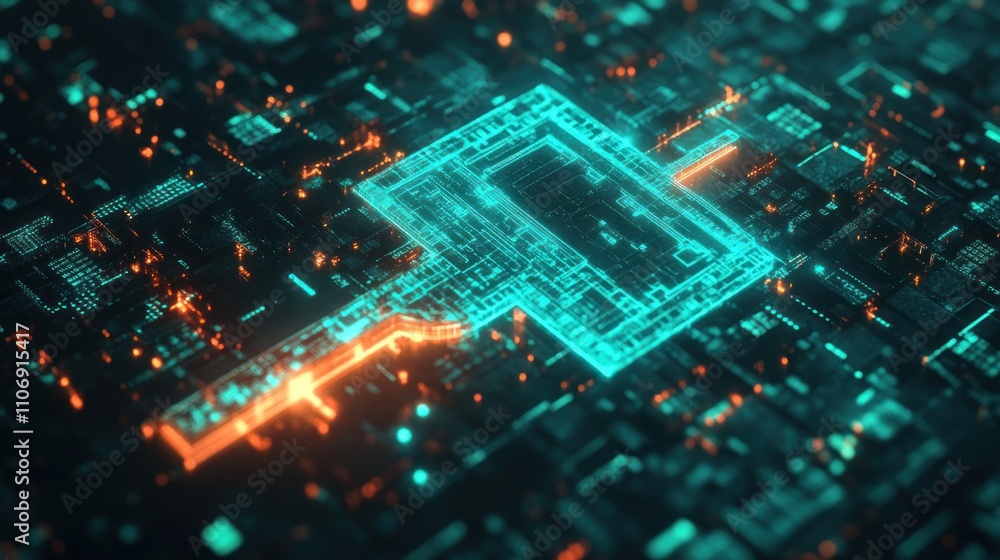 Aufkleber a digital representation of a circuit board with glowing elements.