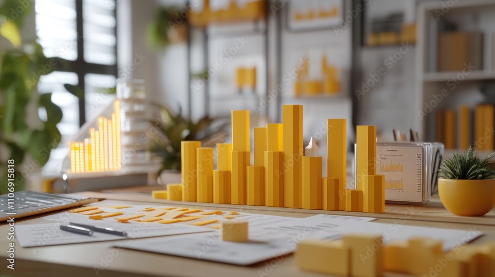 Aufkleber a workspace featuring yellow bar graphs and organized documents, emphasizing data analysis.