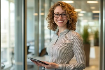 Professional woman curly hair glasses bright smile striped shirt grey skirt holding tablet