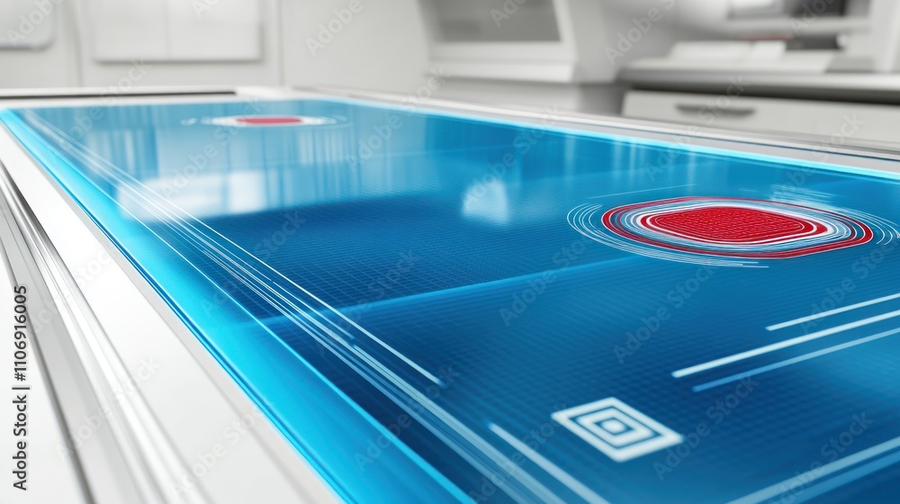 Poster A futuristic touchscreen interface with red circular elements and a blue background.