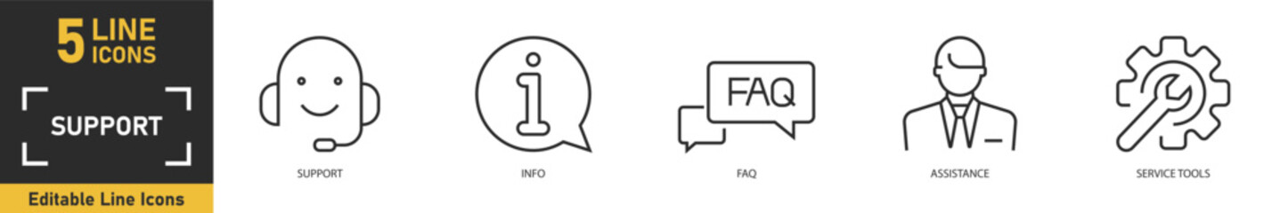 Fototapeta premium Support line icon set. Set of 5 outline icons related to support, info, faq, assistance, service tools and more. Vector illustration.