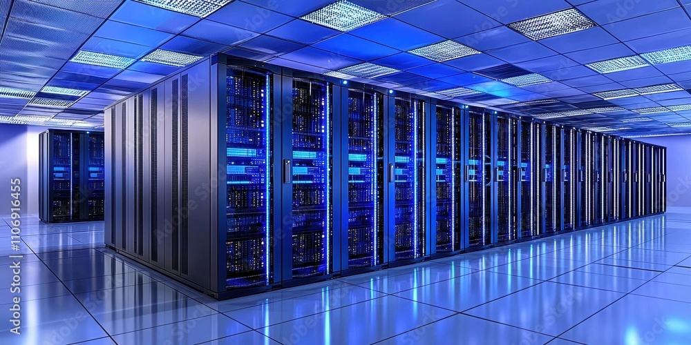 Poster data center server room with modern led rack console high-tech environment digital infrastructure te