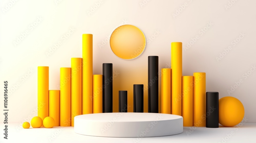 Aufkleber a modern display featuring yellow and black cylindrical shapes with a circular backdrop.