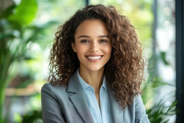 Professional woman mid-length curly brown hair warm smile grey blazer light blue blouse