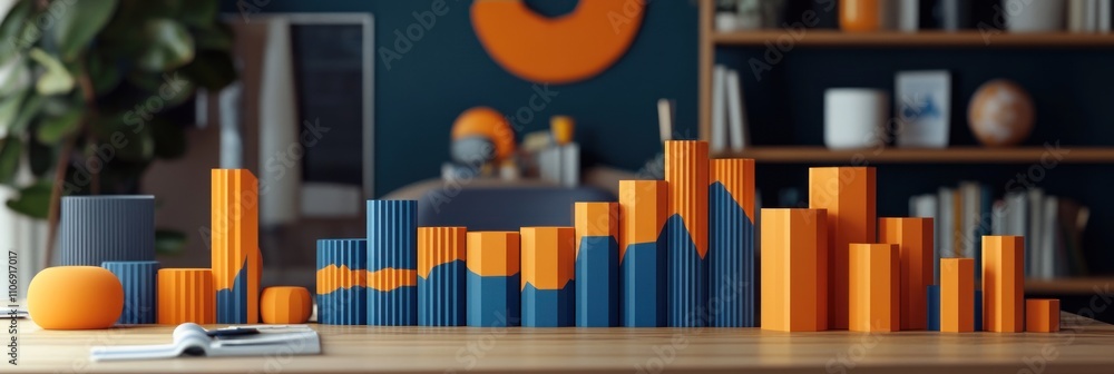 Poster A colorful 3D bar graph in a modern workspace, illustrating data visualization.