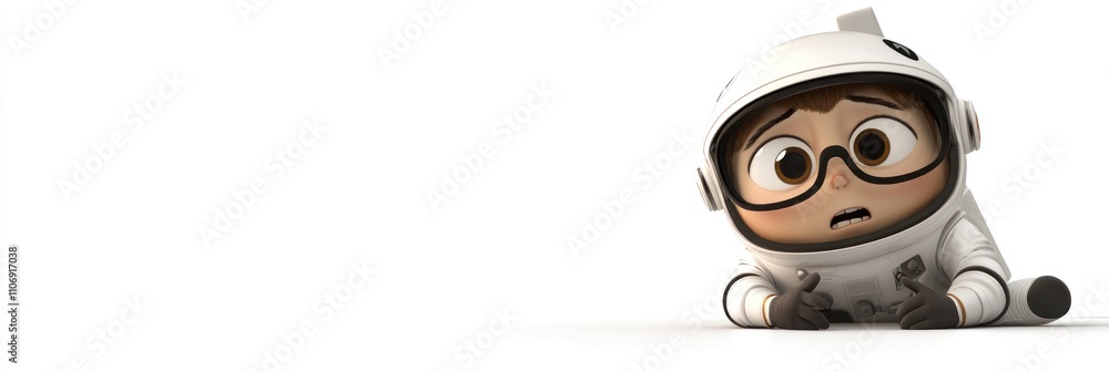 Poster A worried child in a spacesuit, expressing concern while sitting on a surface.