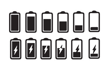 Battery symbols with fast charging, exclamation, low, plus, minus, tick and full.vector illustration