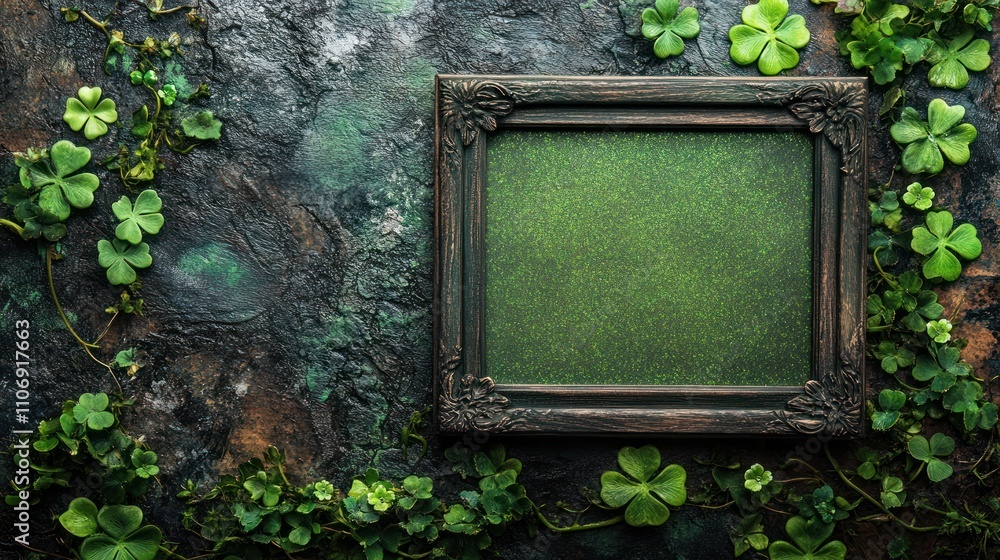 Poster a decorative frame surrounded by green clovers on a textured background.