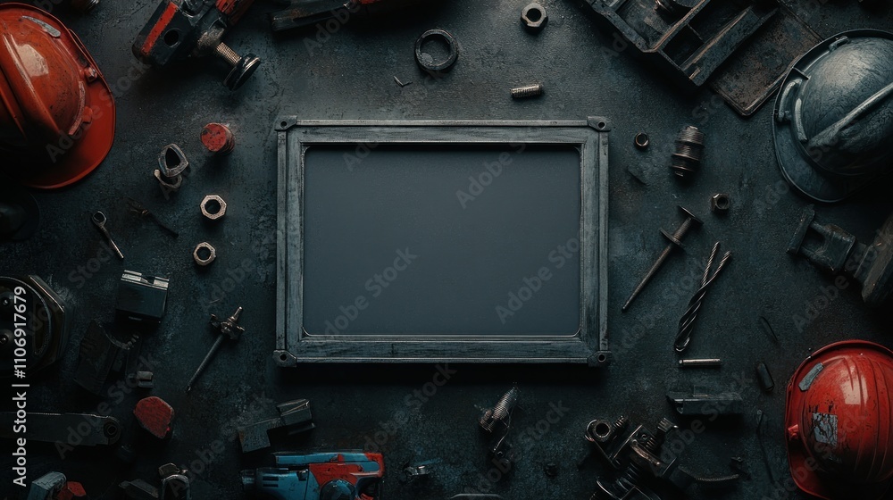 Poster A workspace scene with tools and helmets surrounding a blank frame for notes or plans.