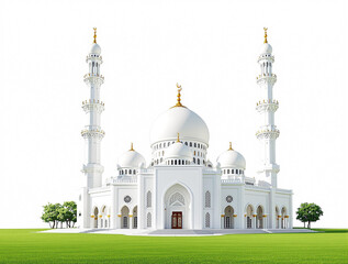 Radiant Serenity A Pristine White Islamic Mosque Amidst Lush Greenery