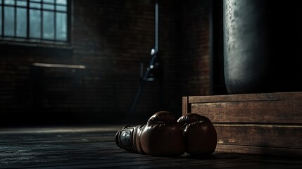  Box sport concept. Closeup boxing gloves pair lying on wooden box in empty gym