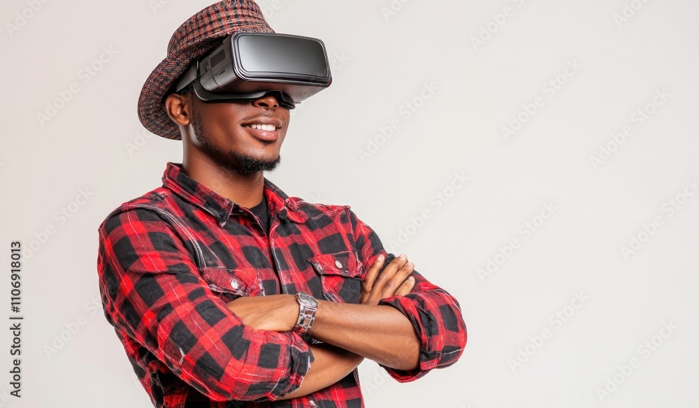 Poster a man wearing a virtual reality headset, smiling and engaging with immersive technology.