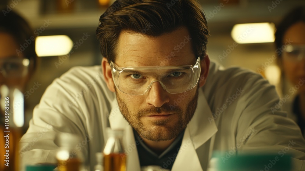 Aufkleber a focused scientist in a lab, wearing goggles and a lab coat, surrounded by experiments.