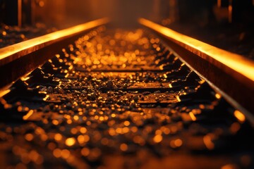 Railway tracks gravel depth of field vanishing point industrial setting warm lighting bokeh