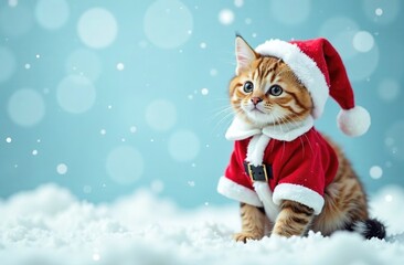 A cat in a Santa costume smiles while sitting in the snow. The background is pale blue with snowflakes. The kitten is happy. Merry Christmas, happy New Year. A place for the text. A web banner.