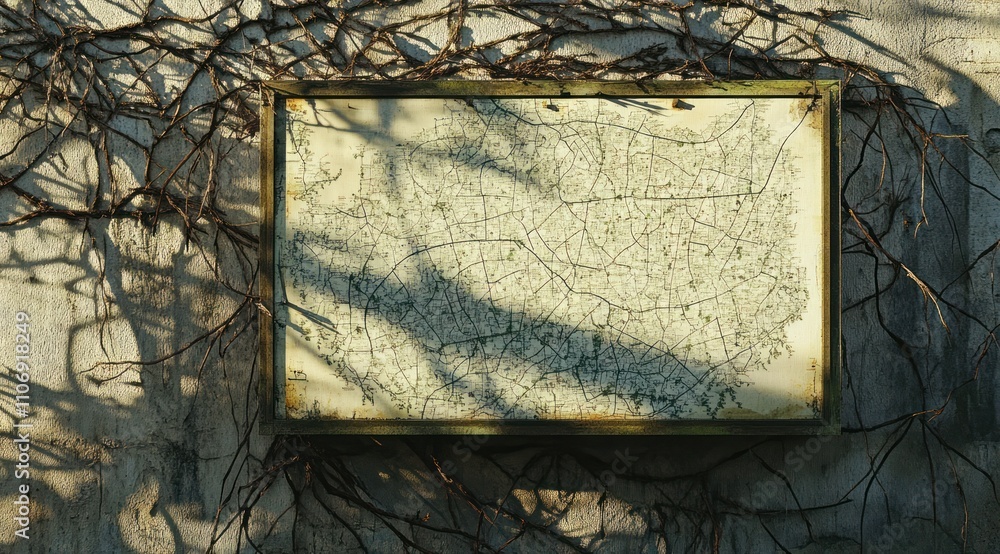 Poster A weathered map framed by intertwining branches, casting shadows on a textured wall.