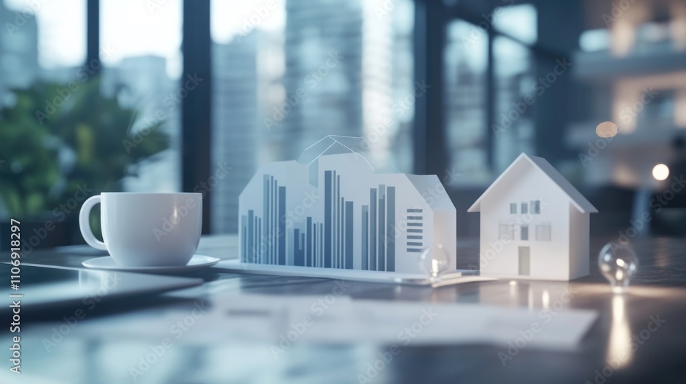 Aufkleber a modern workspace featuring architectural models and a coffee cup.