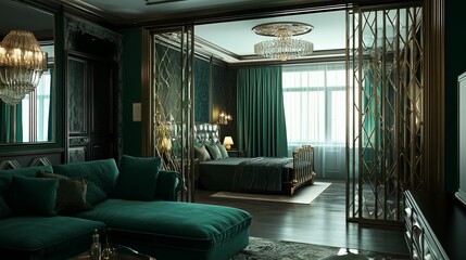 Deep green living room interior designed in the style of modern classic with vintage and glamour elements.