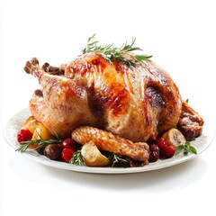 Roast turkey on plate isolated on white background