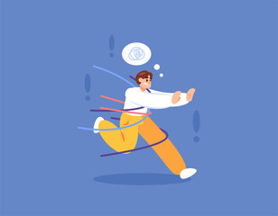 concept of trying to get out of trouble. trapped and having problems. trying to overcome problems and get freedom or solutions. illustration of a man trapped by rope or thread. flat style design