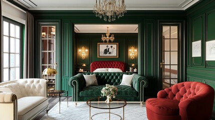 Deep green living room interior designed in the style of modern classic with vintage and glamour elements.