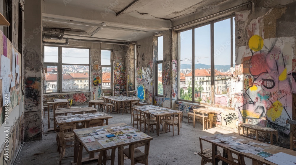 Poster An abandoned classroom with tables and colorful graffiti on the walls.