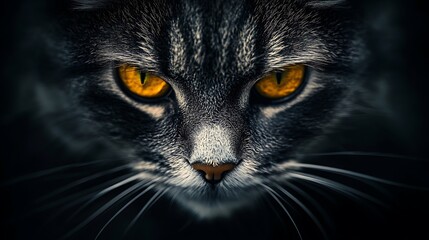 A cat with yellow eyes and a black face