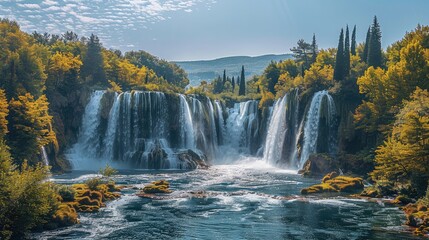 Sunlight rays catching the top of a roaring waterfall surrounded by trees.
