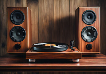 A vintage turntable with two large speakers, placed on an old wooden table in the foreground.