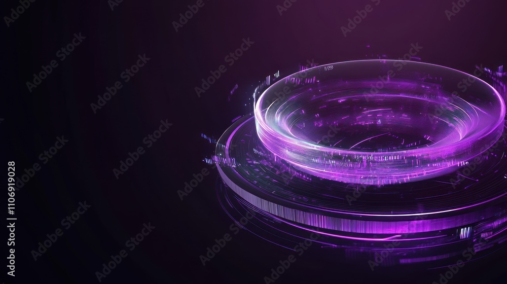 Poster Abstract digital design featuring a glowing circular element with purple hues and data patterns.
