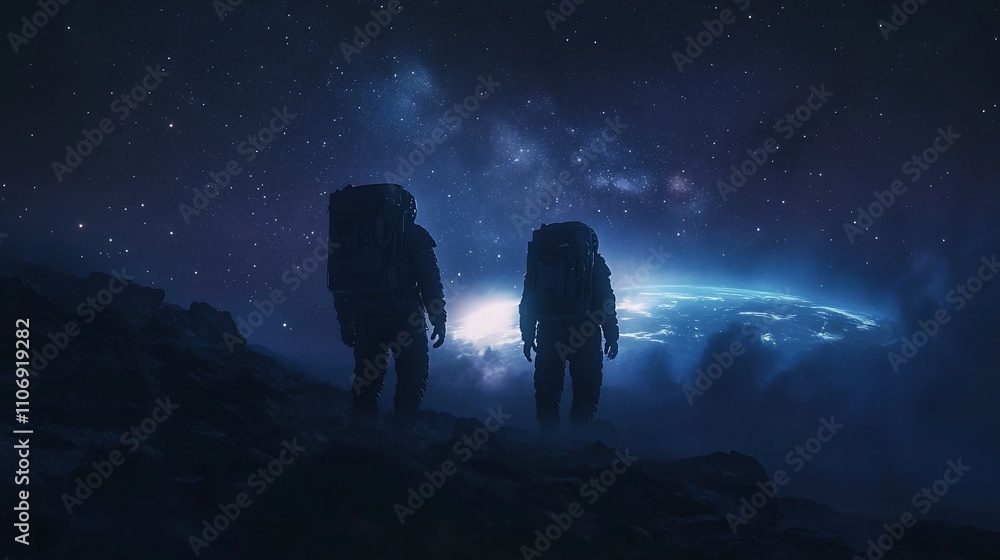 Aufkleber Astronauts exploring a distant planet with Earth visible in the background.