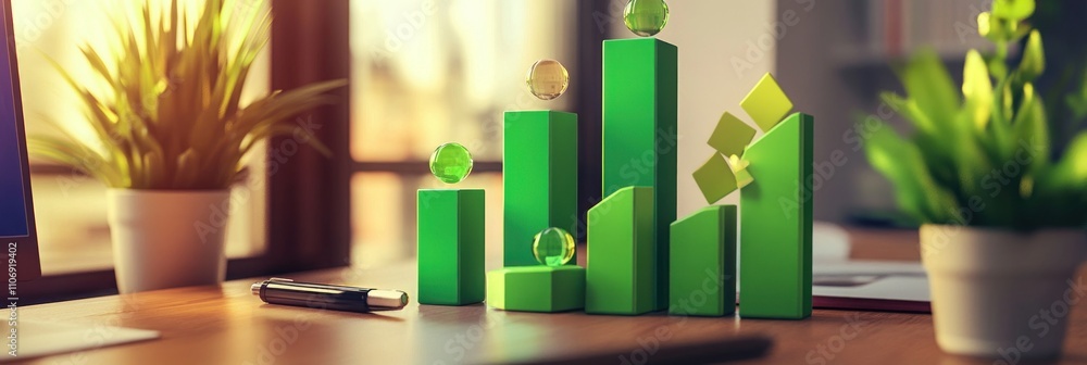 Aufkleber green bar graphs with decorative elements on a desk, symbolizing growth and analysis.