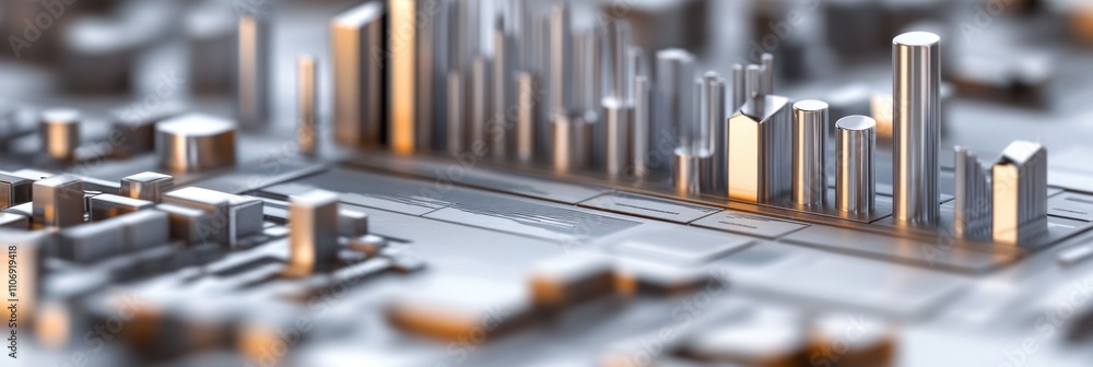 Poster A detailed 3D model of a cityscape with buildings and structures in a metallic finish.