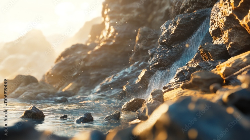 Poster a serene coastal scene with water cascading over rocks, illuminated by soft sunlight.