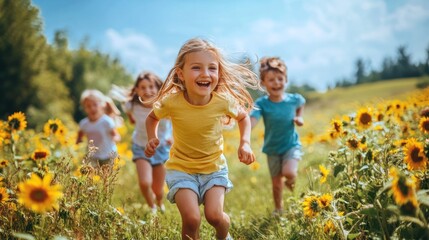 Happy children run through a sunflower field on a sunny day.