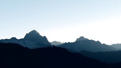 Obraz premium Mountains silhouettes. Mountains vector, Mountains vector of outdoor design elements, Mountain scenery, trees, pine vector, Mountain scenery. Generative AI